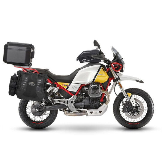 Kompletná sada sedlových brašní SHAD TERRA TR40 adventure a hliníkového kufra SHAD TERRA BLACK 37L vrátane montážnej sady SHAD MOTO GUZZI V 85 TT