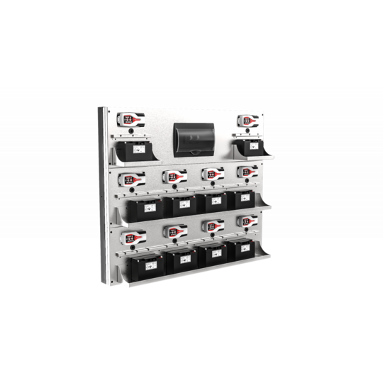 Nástenný panel z nehrdzavejúcej ocele s predispozíciou na umiestnenie 10 nabíjačiek a elektrického panelu (voliteľné) LV8 EQPCPO-01