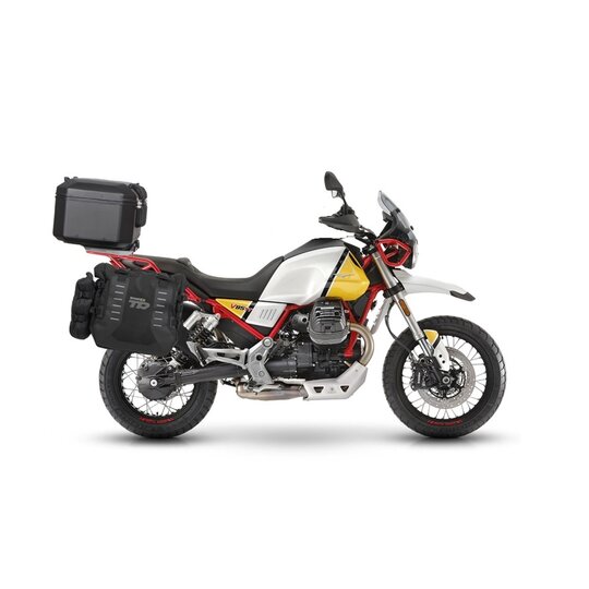 Set of SHAD TERRA TR40 adventure saddlebags and SHAD TERRA aluminium top case TR55 PURE BLACK, including mounting kit SHAD MOTO GUZZI V85TT