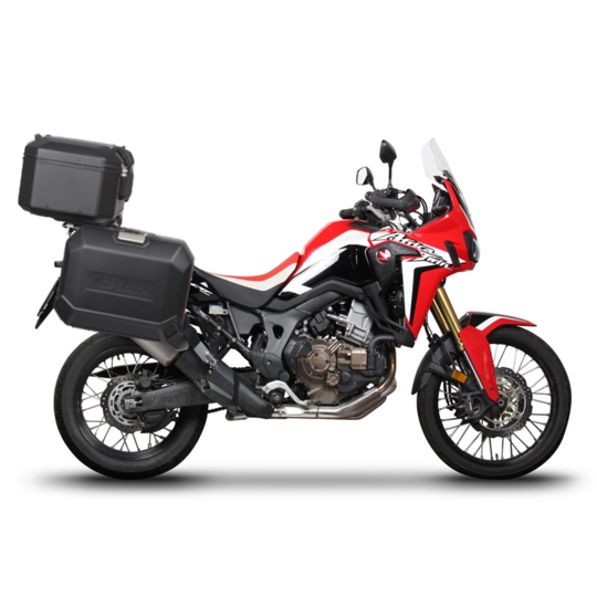 Kompletná sada bočných čiernych hliníkových kufrov SHAD TERRA BLACK , 36/47 l litrov, vrátane montážnej sady SHAD HONDA CRF 1100 Africa Twin