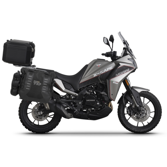 Kompletná sada sedlových brašní SHAD TERRA TR40 adventure a hliníkového kufra SHAD TERRA BLACK 55L, vrátane montážnej sady SHAD Moto Morini X-Cape 649